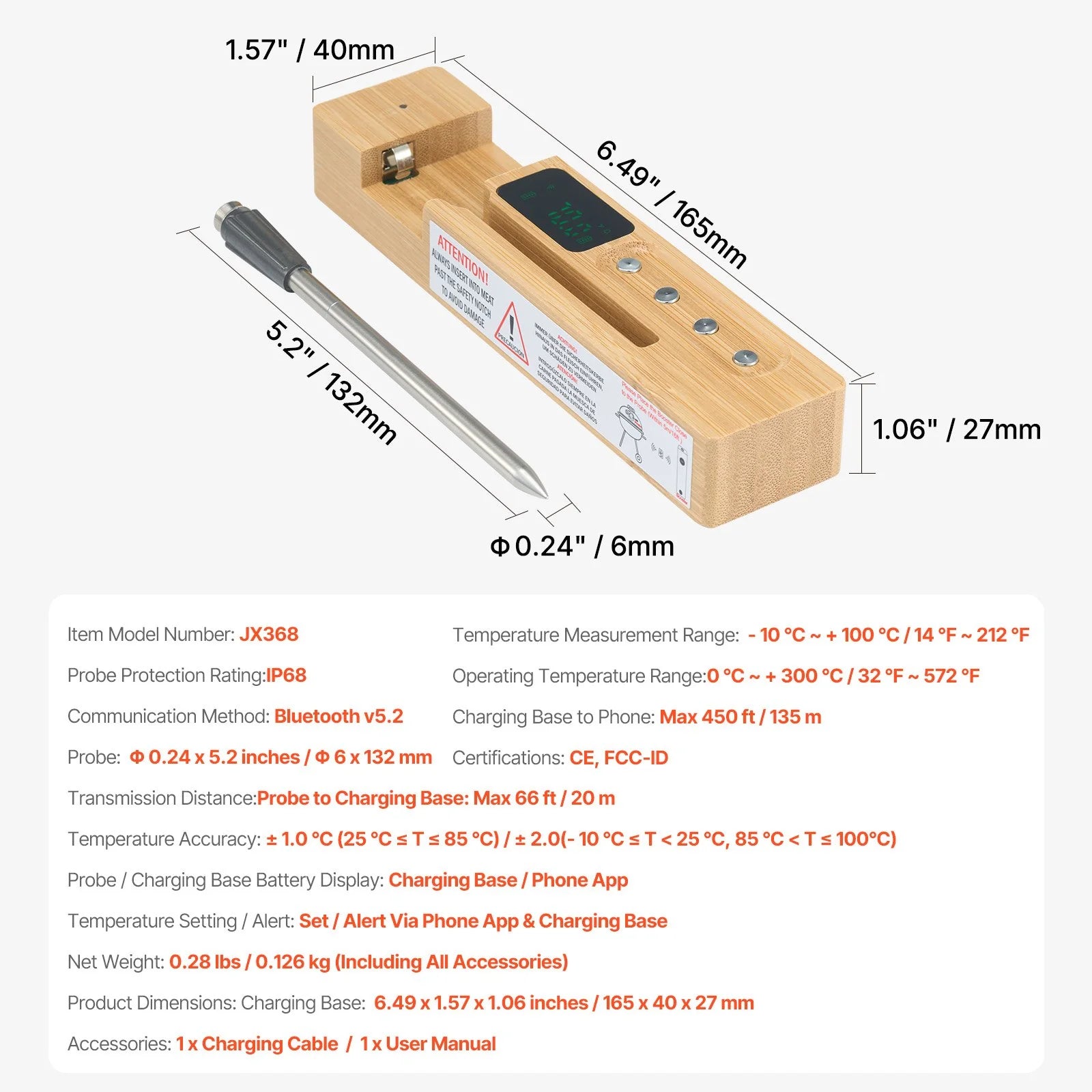 VEVOR Wireless Meat Thermometer Bluetooth Meat Probe 500 Ft Range for Cooking