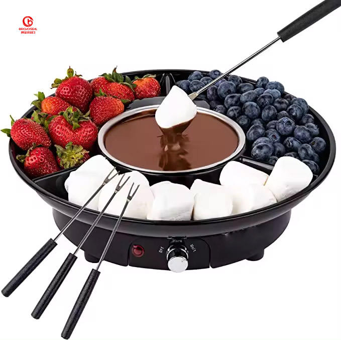 Electric Fondue Pot Set with Temperature Control – Detachable Serving Trays & 2 Roasting Forks for Chocolate & Cheese