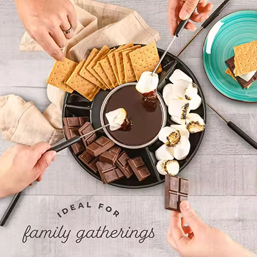 Electric Fondue Pot Set with Temperature Control – Detachable Serving Trays & 2 Roasting Forks for Chocolate & Cheese