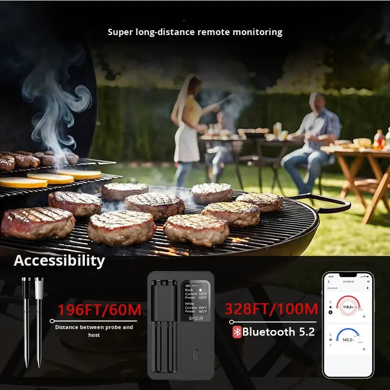 Wireless Smart Meat Thermometer IP67 Waterproof – Dual Probes, App Control Digital BBQ & Cooking Thermometer
