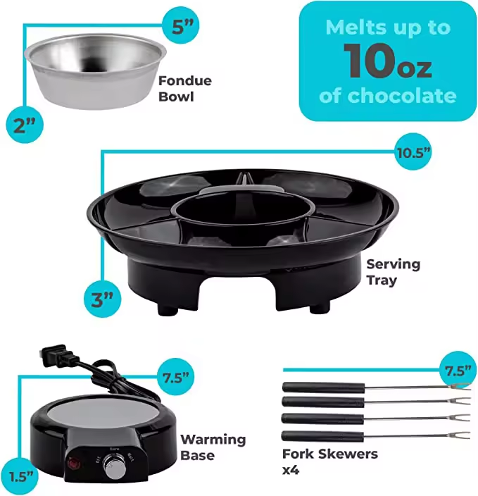 Electric Fondue Pot Set with Temperature Control – Detachable Serving Trays & 2 Roasting Forks for Chocolate & Cheese