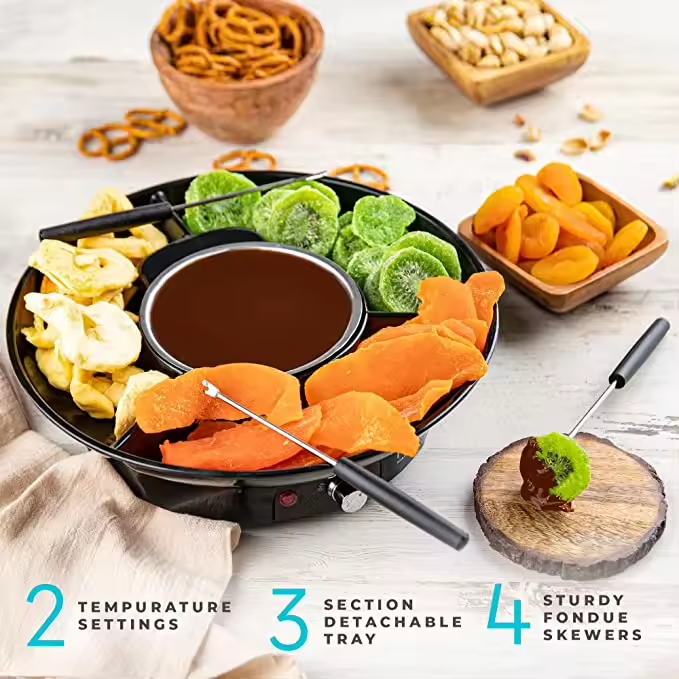 Electric Fondue Pot Set with Temperature Control – Detachable Serving Trays & 2 Roasting Forks for Chocolate & Cheese